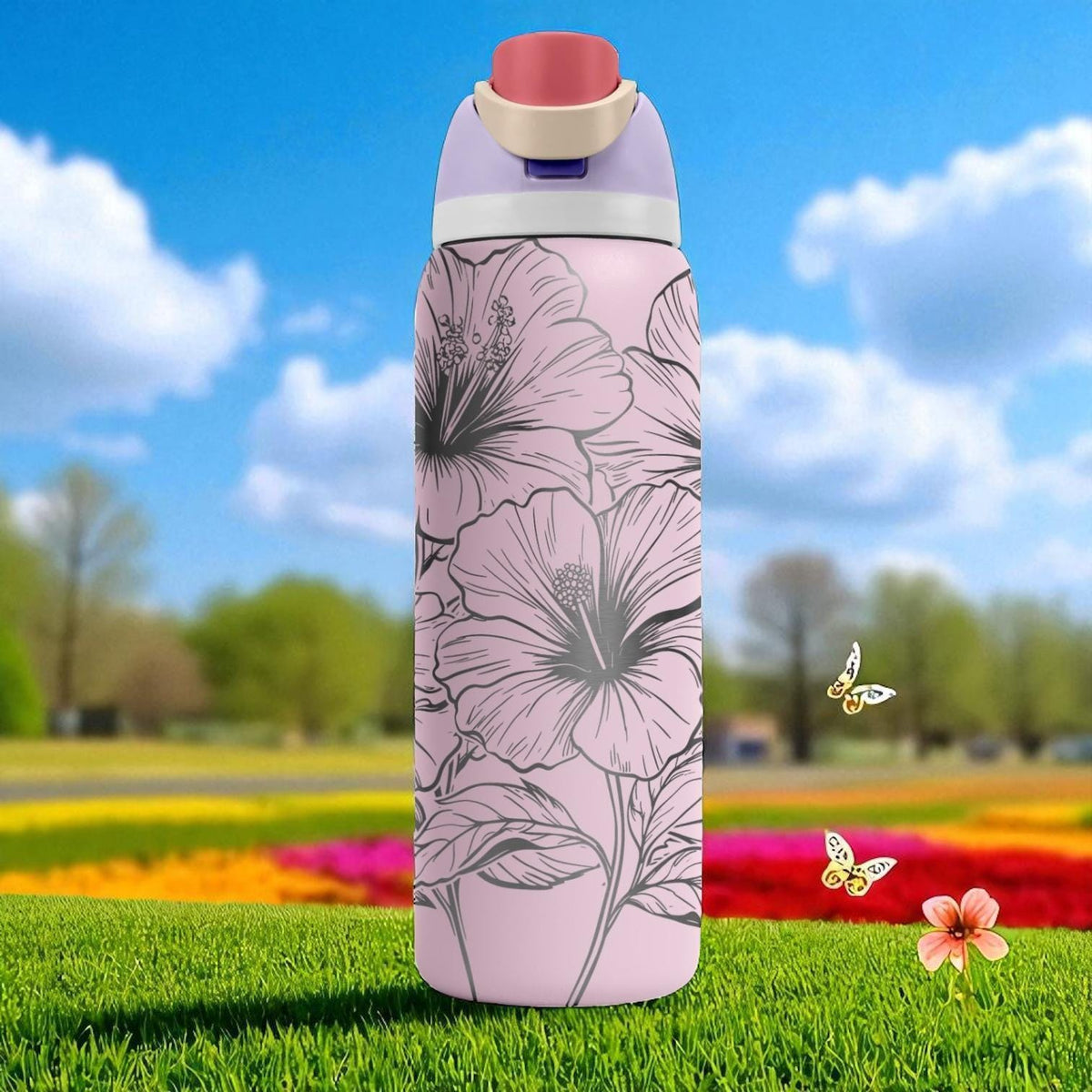 Hibiscus Flower Owala Tumbler – 16oz 24oz 32oz 40oz Engraved FreeSip Bottle – Pink Floral Gift for Her