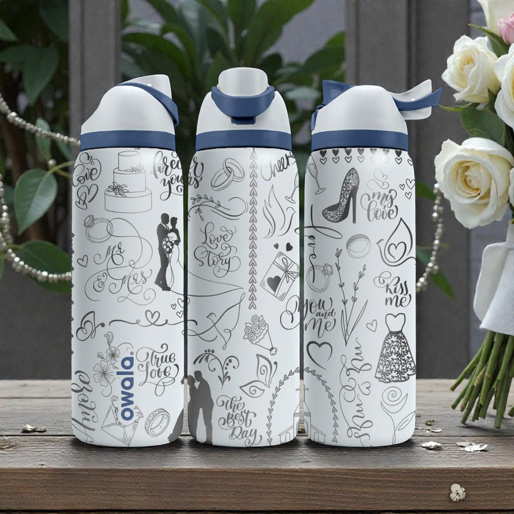 Wedding Engraved Owala Bottle – Bride and Groom Gift – Romantic Wedding Icons and Love Doodles – Stainless Steel Cup 16oz 24oz 32oz 40oz  ⸻