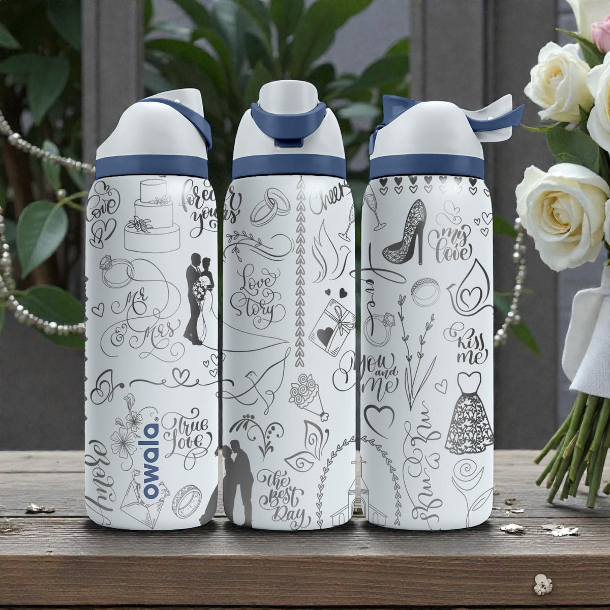 Wedding Engraved Owala Bottle – Bride and Groom Gift – Romantic Wedding Icons and Love Doodles – Stainless Steel Cup 16oz 24oz 32oz 40oz  ⸻