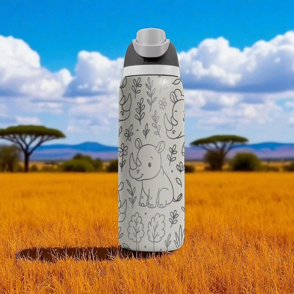 Cute Rhino Owala Bottle – 16oz 24oz 32oz 40oz Engraved Safari Cup – Jungle Animal Gift – Wildlife Tumbler for Kids Boys Girls