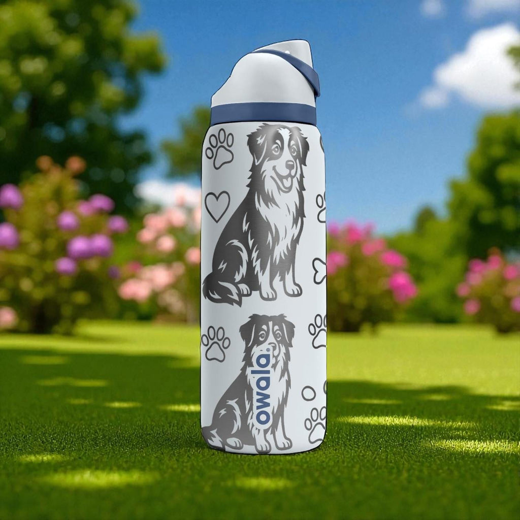 Australian Shepherd Engraved Owala Bottle – Cute Dog Gift with Paws and Bones – 16oz 24oz 32oz 40oz Water Bottle for Aussie Lovers