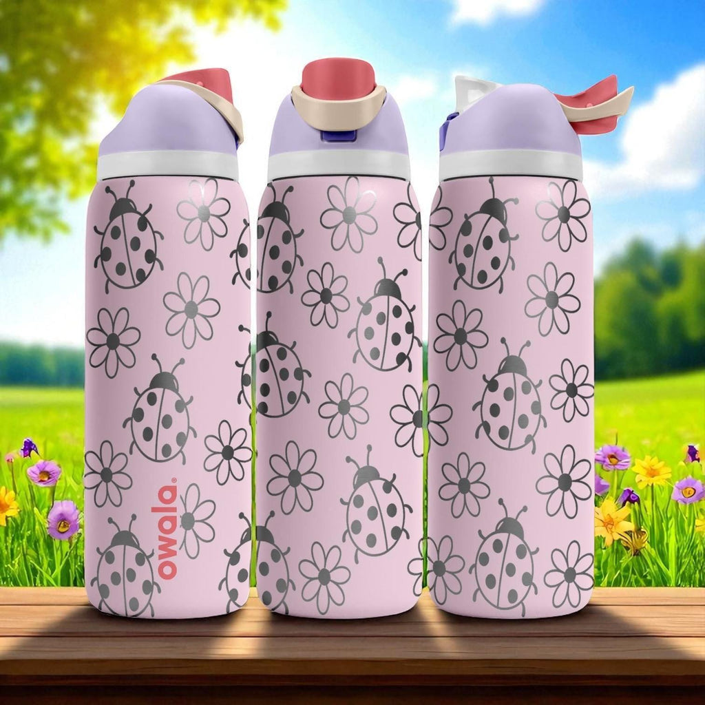 Engraved Ladybug Tumbler – Pink Owala Water Bottle with Flowers and Ladybugs – Cute Summer Cup – 16oz 24oz 32oz 40oz