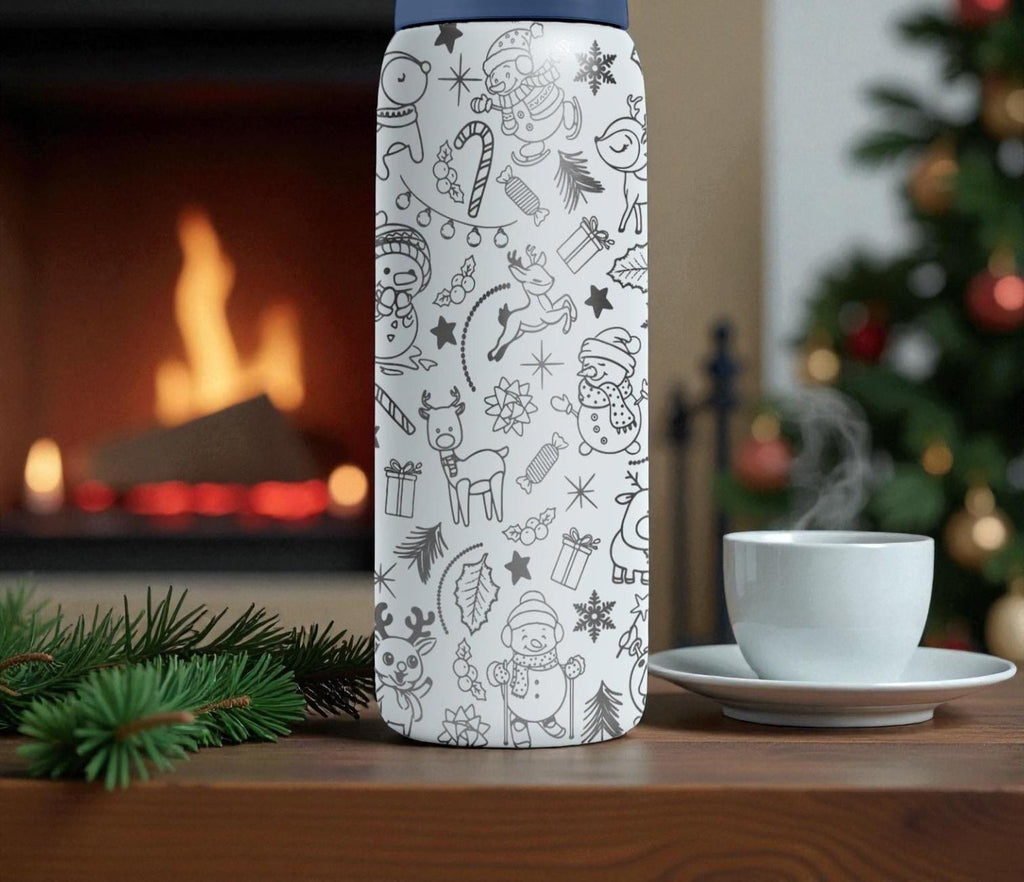 Engraved Christmas Owala Bottle – Cute Holiday Doodle Pattern with Snowmen, Reindeer & Gifts – Festive Stainless Cup 16oz 24oz 32oz 40oz  ⸻