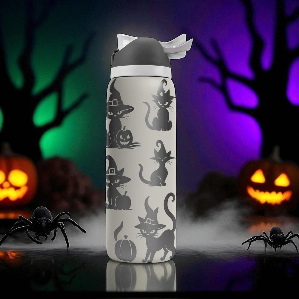 Halloween Cat Owala Bottle – Laser Engraved Black Witch Cat Water Bottle – Spooky Custom Gift for Kids and Cat Lovers 16oz 24oz 32oz 40oz