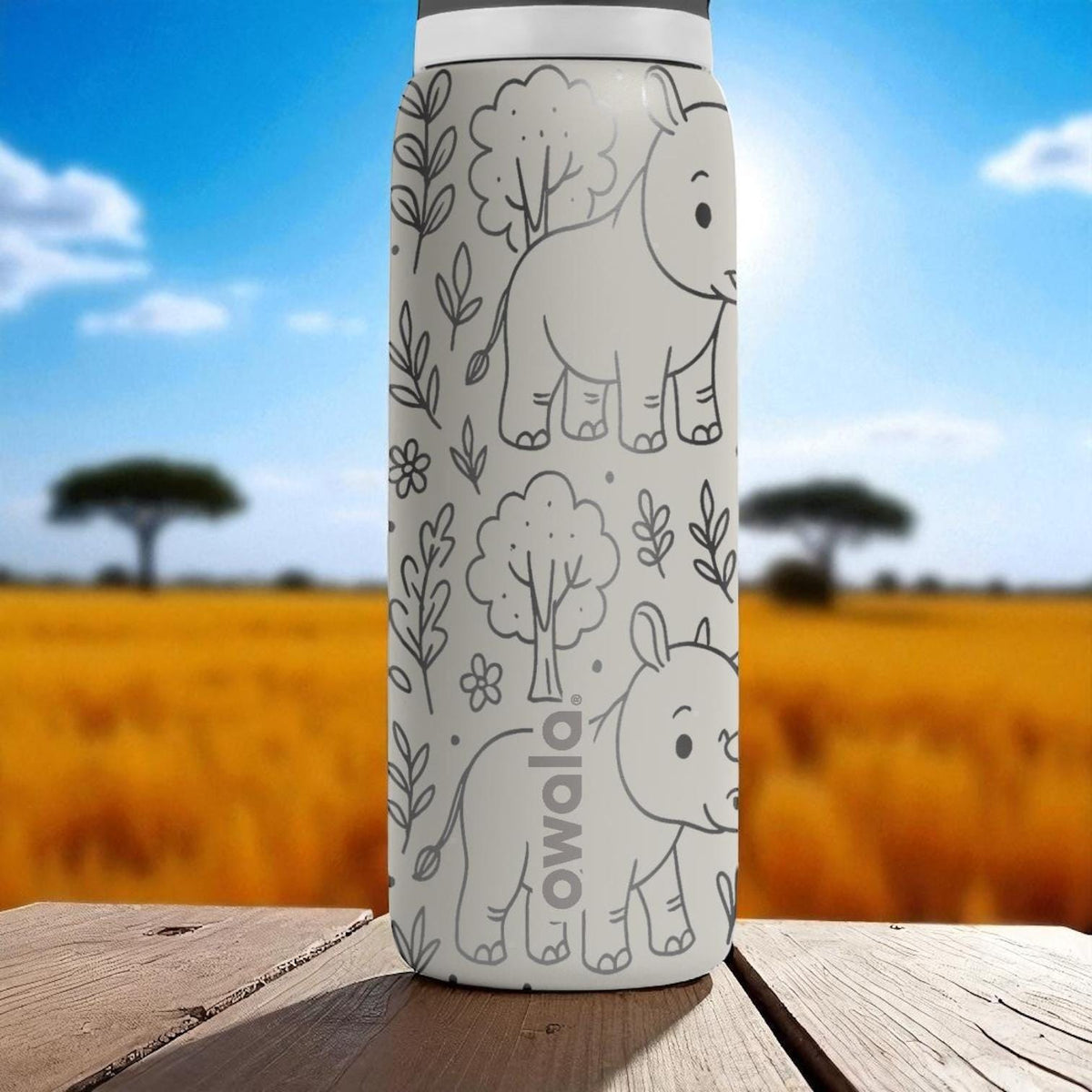 Cute Rhino Owala Bottle – 16oz 24oz 32oz 40oz Engraved Safari Cup – Jungle Animal Gift – Wildlife Tumbler for Kids Boys Girls