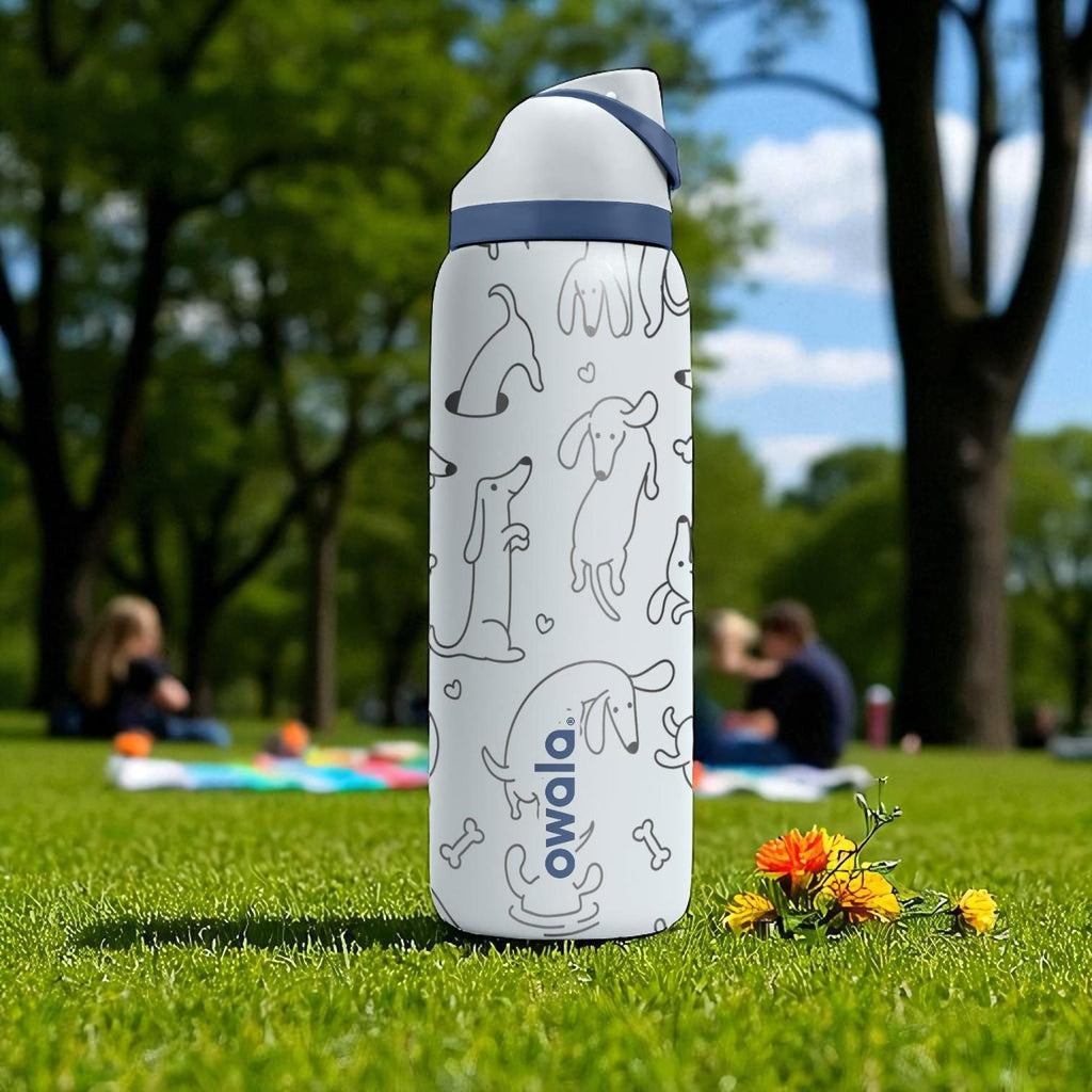 Cute Dachshund Owala Bottle – 16oz 24oz 32oz 40oz Engraved Sausage Dog Tumbler – White Pup Gift for Dog Lovers