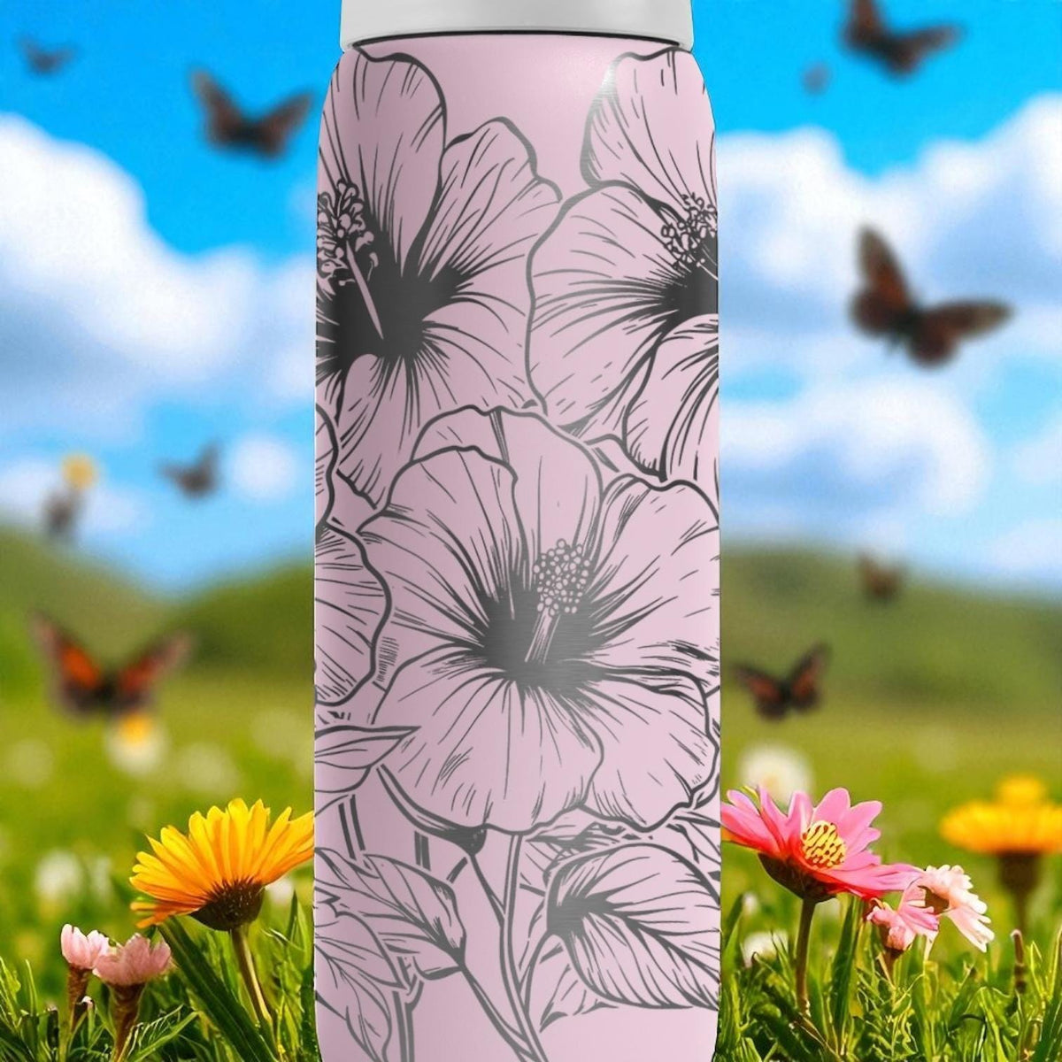 Hibiscus Flower Owala Tumbler – 16oz 24oz 32oz 40oz Engraved FreeSip Bottle – Pink Floral Gift for Her