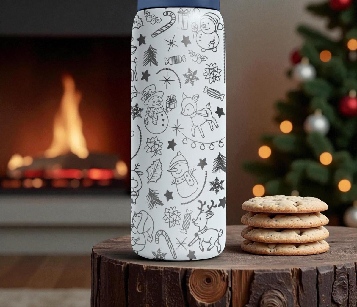 Engraved Christmas Owala Bottle – Cute Holiday Doodle Pattern with Snowmen, Reindeer & Gifts – Festive Stainless Cup 16oz 24oz 32oz 40oz  ⸻