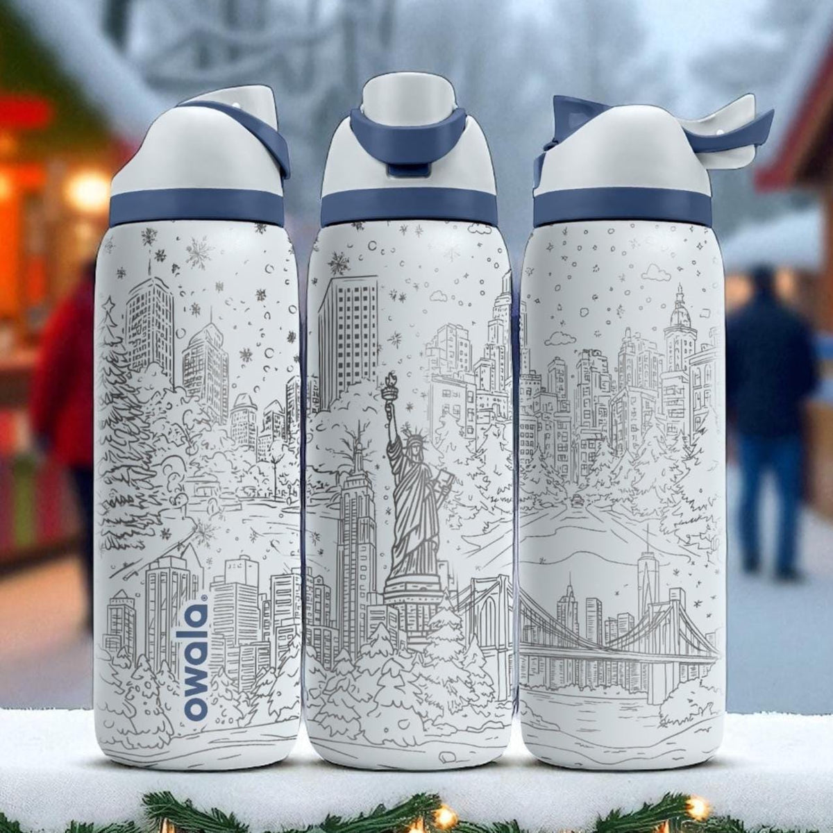 NYC Christmas Engraved Owala Tumbler – 16oz 24oz 32oz 40oz Holiday FreeSip Cup – Statue of Liberty Winter Gift