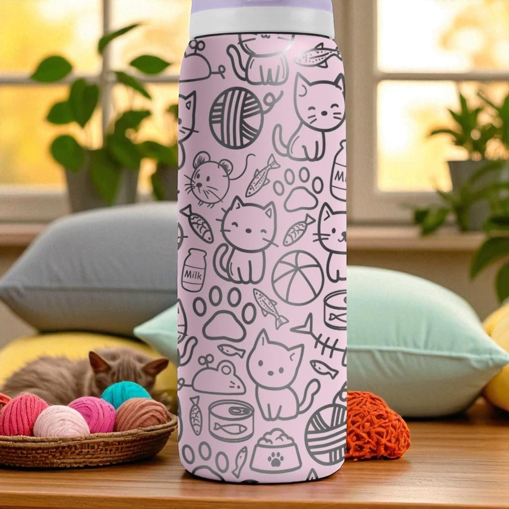 Engraved Cat Tumbler – Cute Pink Owala Bottle with Kawaii Kitty Design – Laser Engraved Cup for Cat Lovers – 16oz 24oz 32oz 40oz