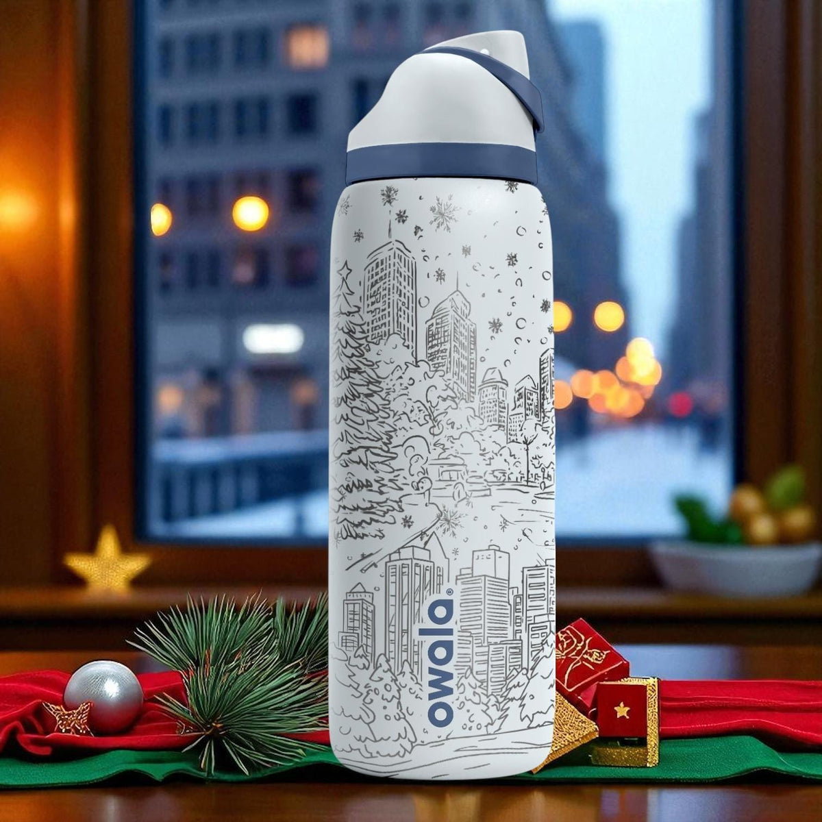 NYC Christmas Engraved Owala Tumbler – 16oz 24oz 32oz 40oz Holiday FreeSip Cup – Statue of Liberty Winter Gift