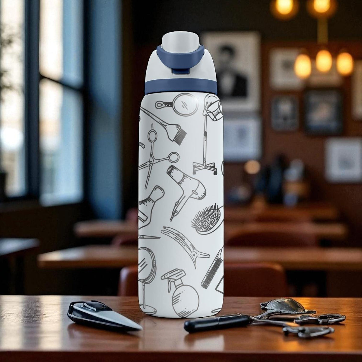 Barber Theme Engraved Tumbler – 16oz 24oz 32oz 40oz – Hair Stylist Gift Bottle – Owala Cup with Scissors, Brushes and Clippers