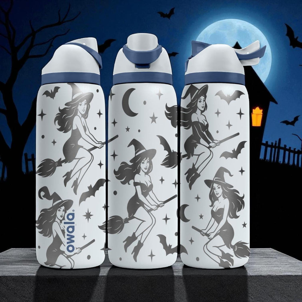 Halloween Witch Owala Bottle – Engraved Flying Witch and Bats Wrap – Stainless Steel Cup 16oz 24oz 32oz 40oz