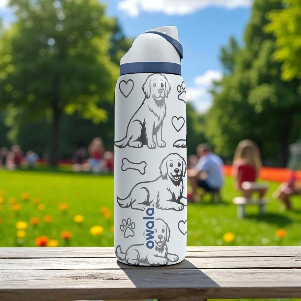 Engraved Golden Retriever Bottle – Cute Owala Dog Tumbler with Paws and Toys – 16oz 24oz 32oz 40oz Gift for Pet Lovers