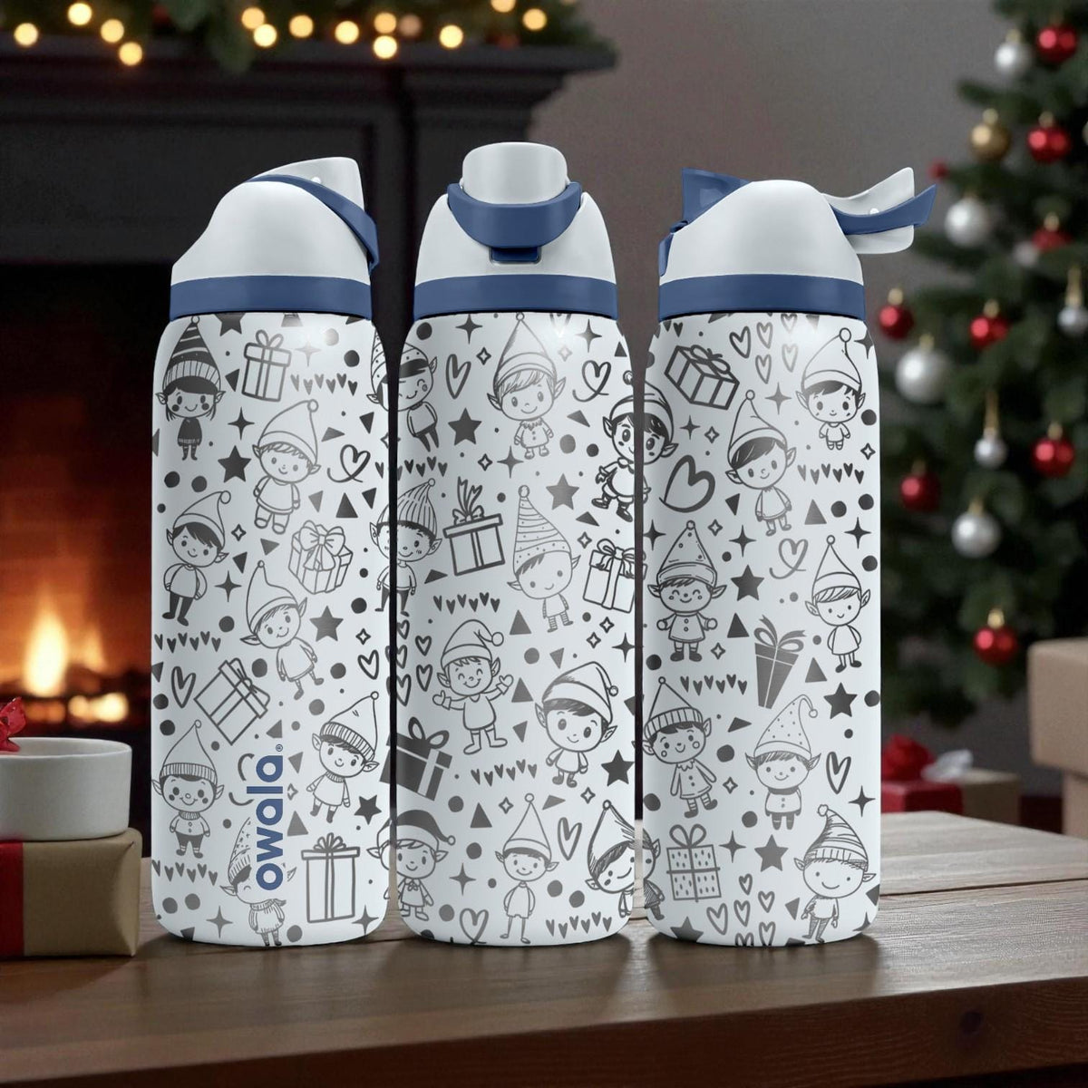 Christmas Elves Engraved Owala Bottle – Cute Holiday Helpers & Gifts Pattern – Festive Stainless Cup 16oz 24oz 32oz 40oz  ⸻