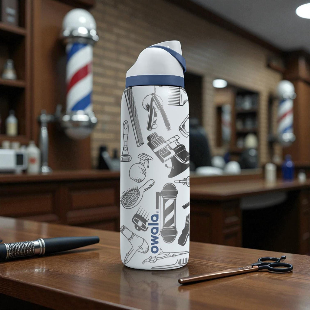 Barber Tools Engraved Owala Bottle – Barber Shop Pattern – Hair Stylist Gift – Stainless Steel Cup 16oz 24oz 32oz 40oz  ⸻