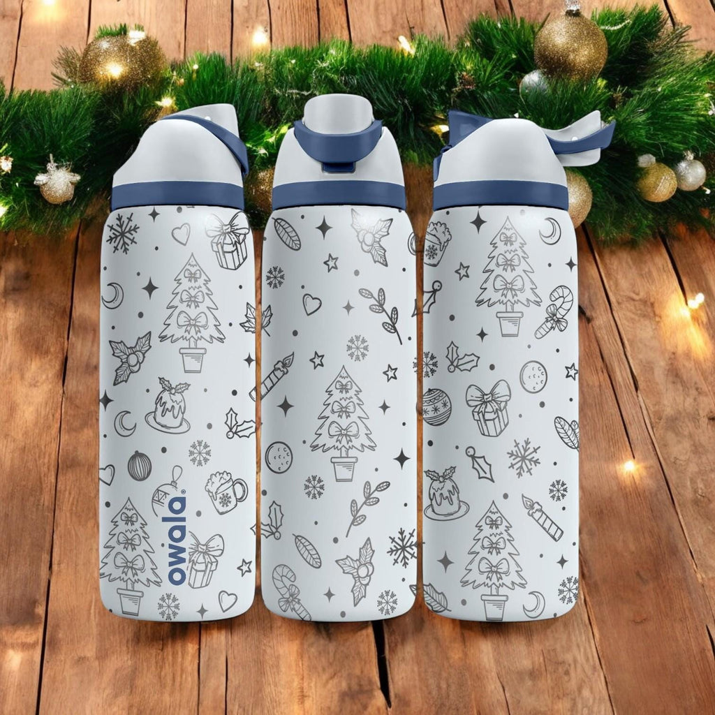 Christmas Tree Engraved Owala Bottle – Cozy Holiday Pattern with Gifts and Snowflakes – Winter Gift Stainless Cup 16oz 24oz 32oz 40oz