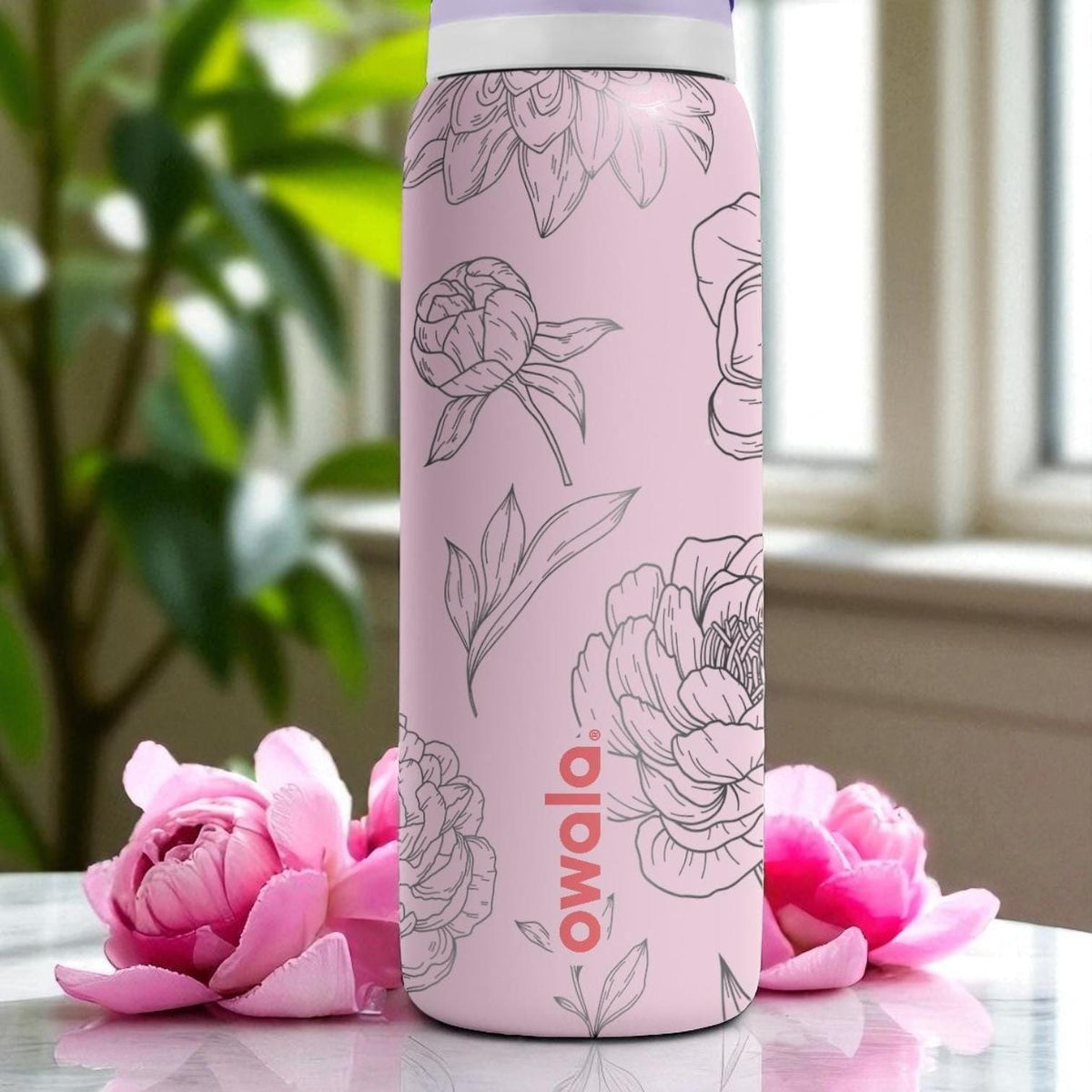 Pink Peony Engraved Owala Tumbler – 16oz 24oz 32oz 40oz Floral Water Bottle – Elegant Gift for Her or Garden Lovers