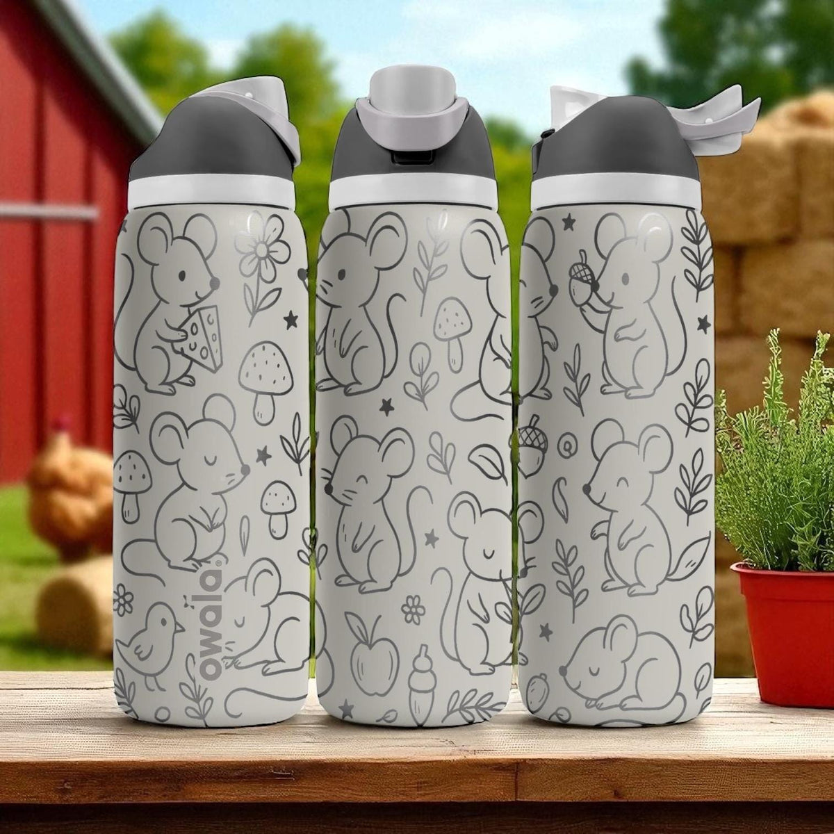 Cute Mice Engraved Owala Tumbler – 16oz 24oz 32oz 40oz Farm Animal Cup – Mouse Lover Gift – Cottagecore Stainless Steel Bottle