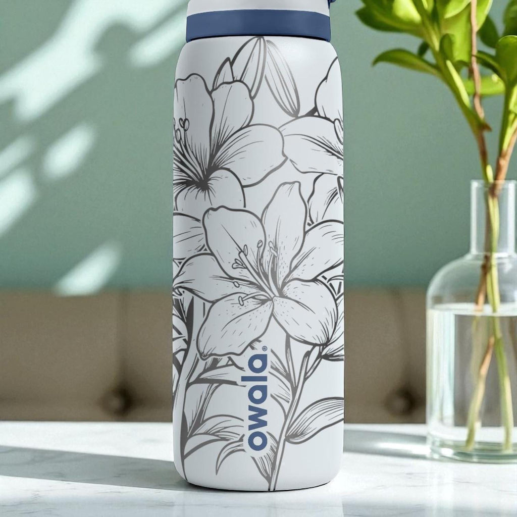 Engraved Lily Tumbler – Elegant Floral Owala Bottle – White Water Bottle with Laser Flower Design – 16oz 24oz 32oz 40oz