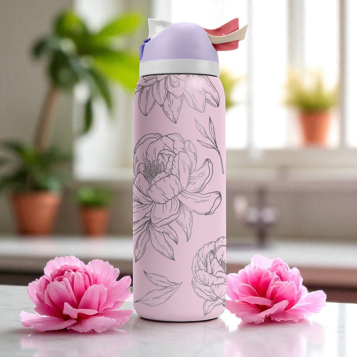 Pink Peony Engraved Owala Tumbler – 16oz 24oz 32oz 40oz Floral Water Bottle – Elegant Gift for Her or Garden Lovers
