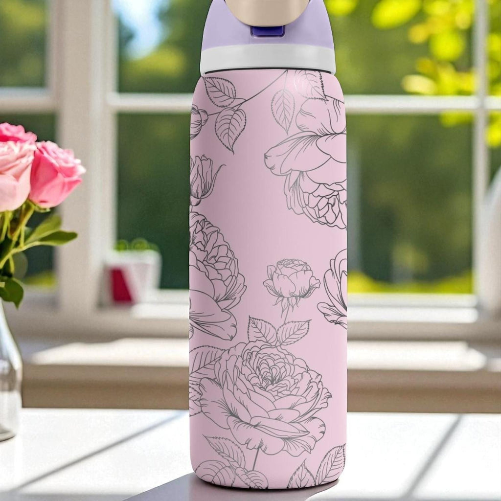 Elegant Rose Engraved Owala Tumbler – 16oz 24oz 32oz 40oz Floral Water Bottle – Romantic Gift for Her or Garden Lovers
