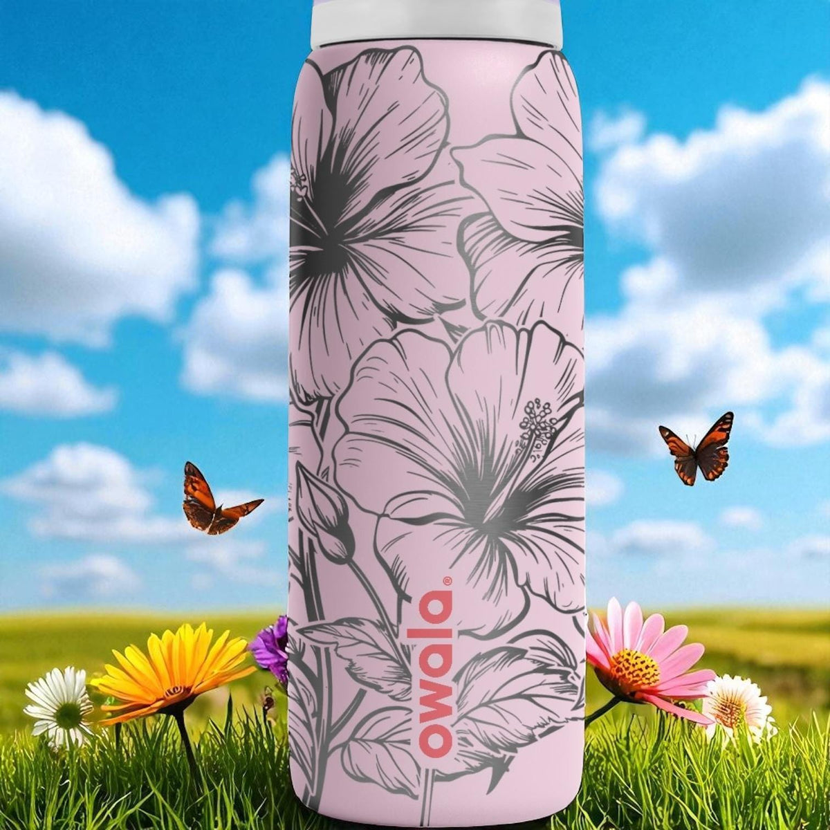 Hibiscus Flower Owala Tumbler – 16oz 24oz 32oz 40oz Engraved FreeSip Bottle – Pink Floral Gift for Her