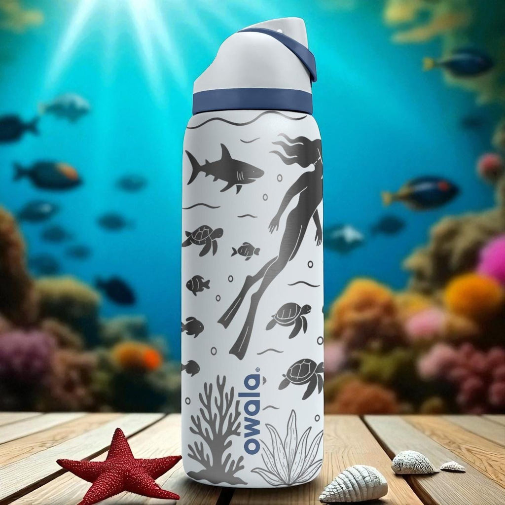 Engraved Scuba Diving Water Bottle – Owala Tumbler with Divers, Sharks, and Turtles – 16oz 24oz 32oz 40oz Gift for Ocean Lovers