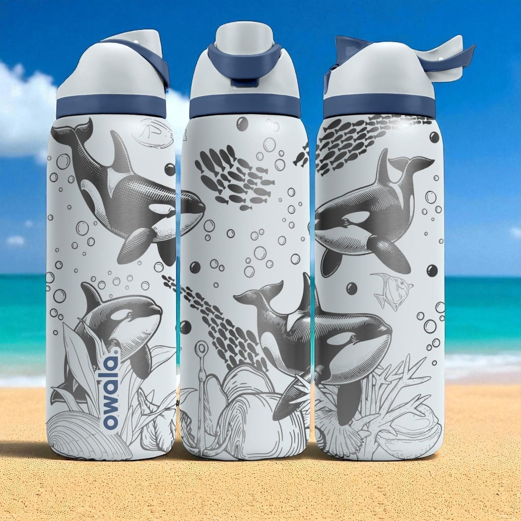 Orca Whale Tumbler – 16oz 24oz 32oz 40oz Custom Engraved Owala FreeSip Bottle – Sea Life Gift for Ocean Animal Lovers