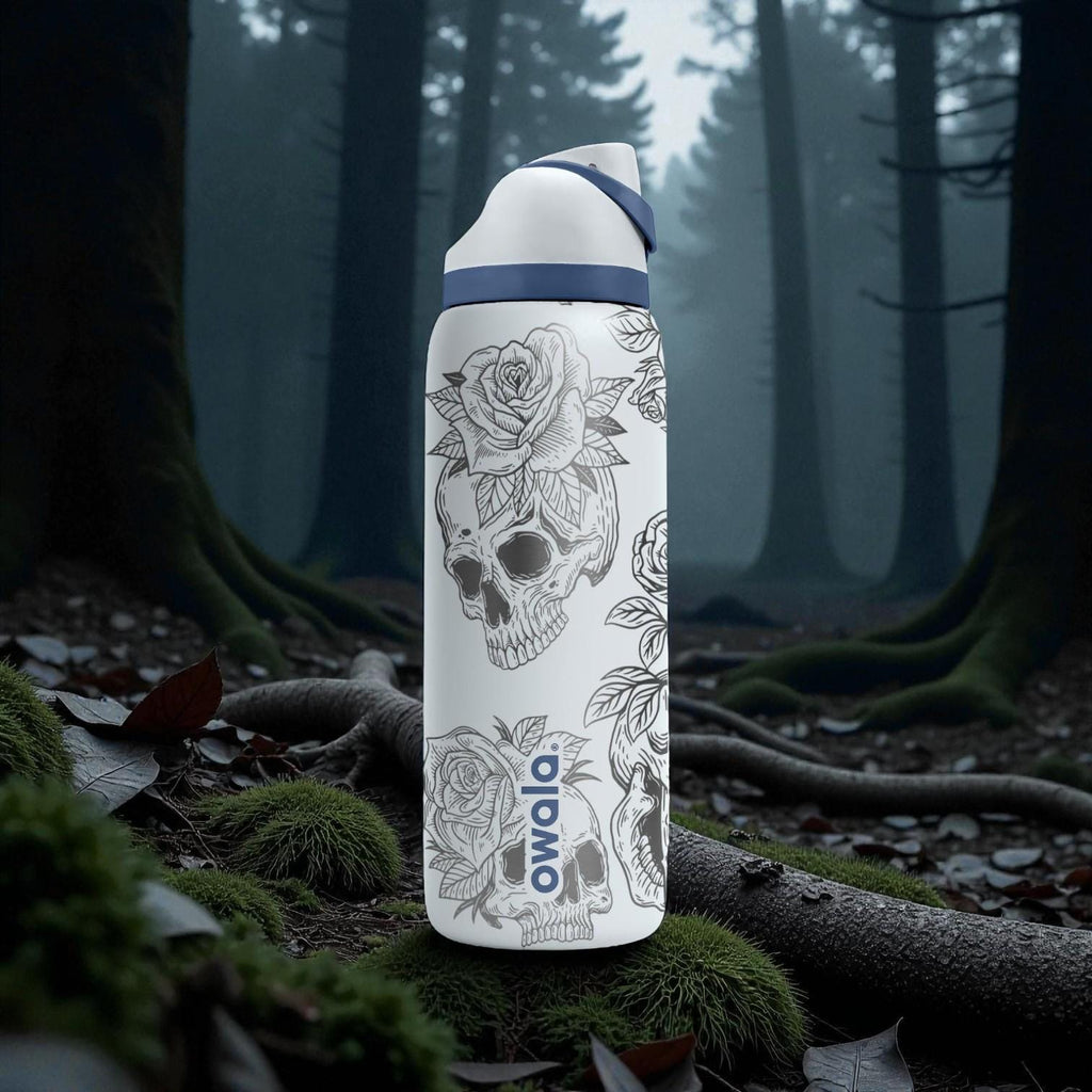 Floral Skull Engraved Owala Bottle – Gothic Rose & Skull Art – Dark Aesthetic Stainless Cup 16oz 24oz 32oz 40oz  ⸻