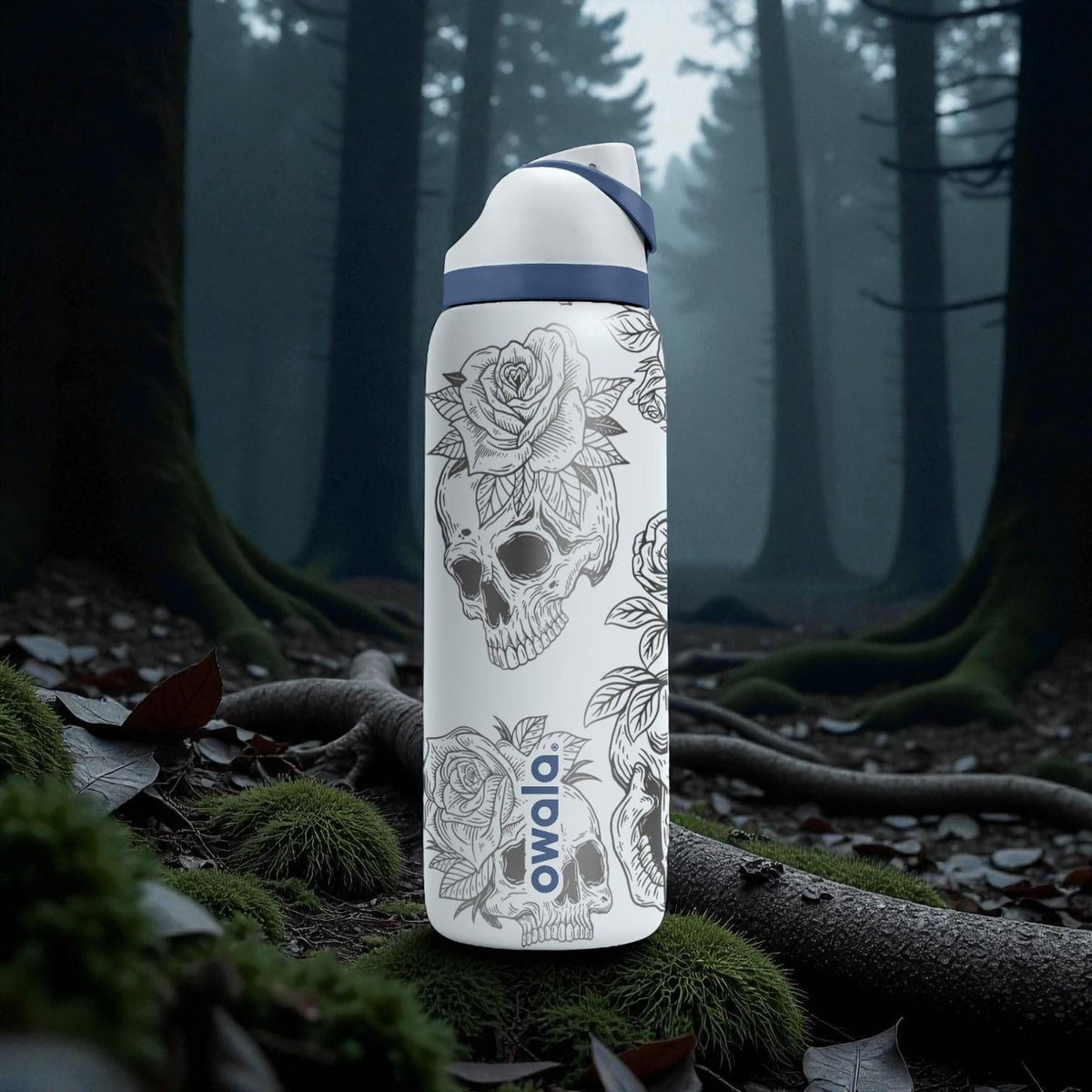 Floral Skull Engraved Owala Bottle – Gothic Rose & Skull Art – Dark Aesthetic Stainless Cup 16oz 24oz 32oz 40oz  ⸻