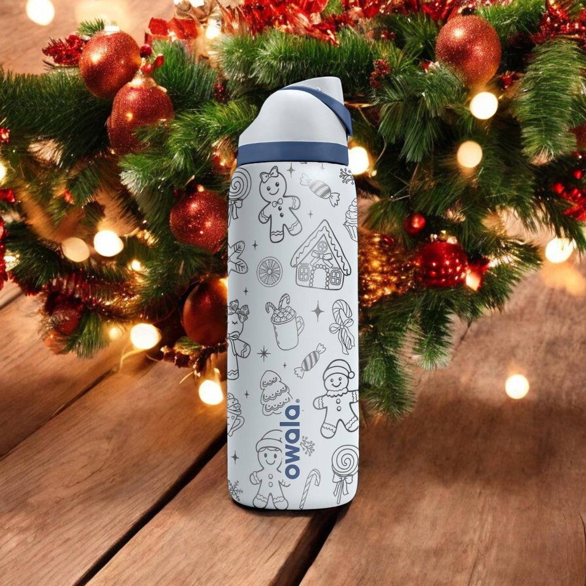 Gingerbread Man Engraved Owala Bottle – Holiday Cookie and Candy Pattern – Christmas Gift Stainless Cup 16oz 24oz 32oz 40oz