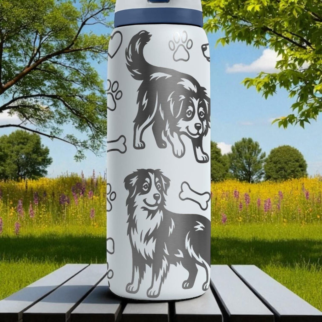 Australian Shepherd Engraved Owala Bottle – Cute Dog Gift with Paws and Bones – 16oz 24oz 32oz 40oz Water Bottle for Aussie Lovers