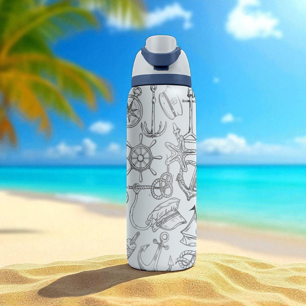 Nautical Owala Bottle – 16oz 24oz 32oz 40oz Engraved Maritime Water Bottle – Anchor and Sailor Theme – Ocean Lover Gift Cup