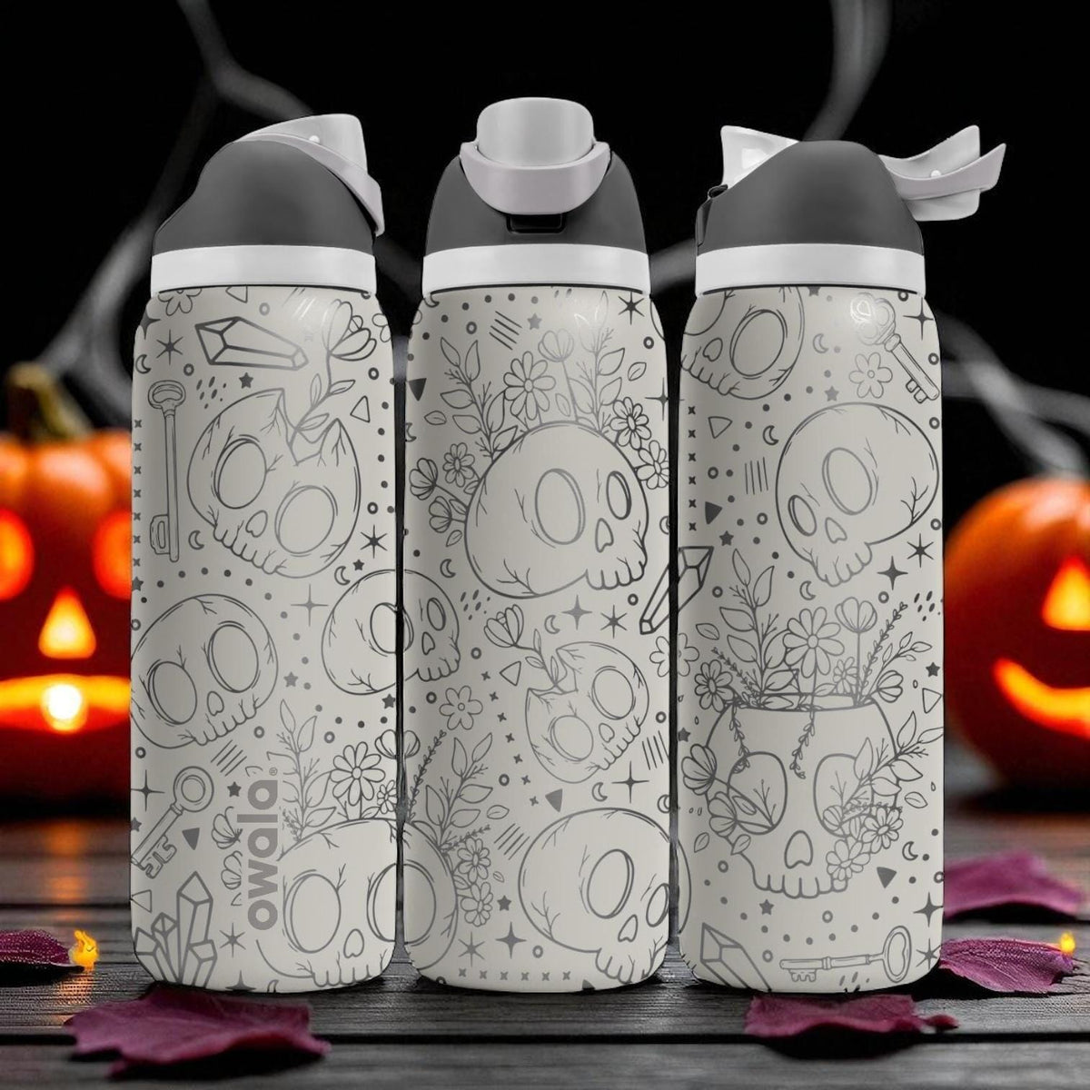 Engraved Skull Floral Tumbler – Owala Water Bottle with Halloween Style Design – 16oz 24oz 32oz 40oz