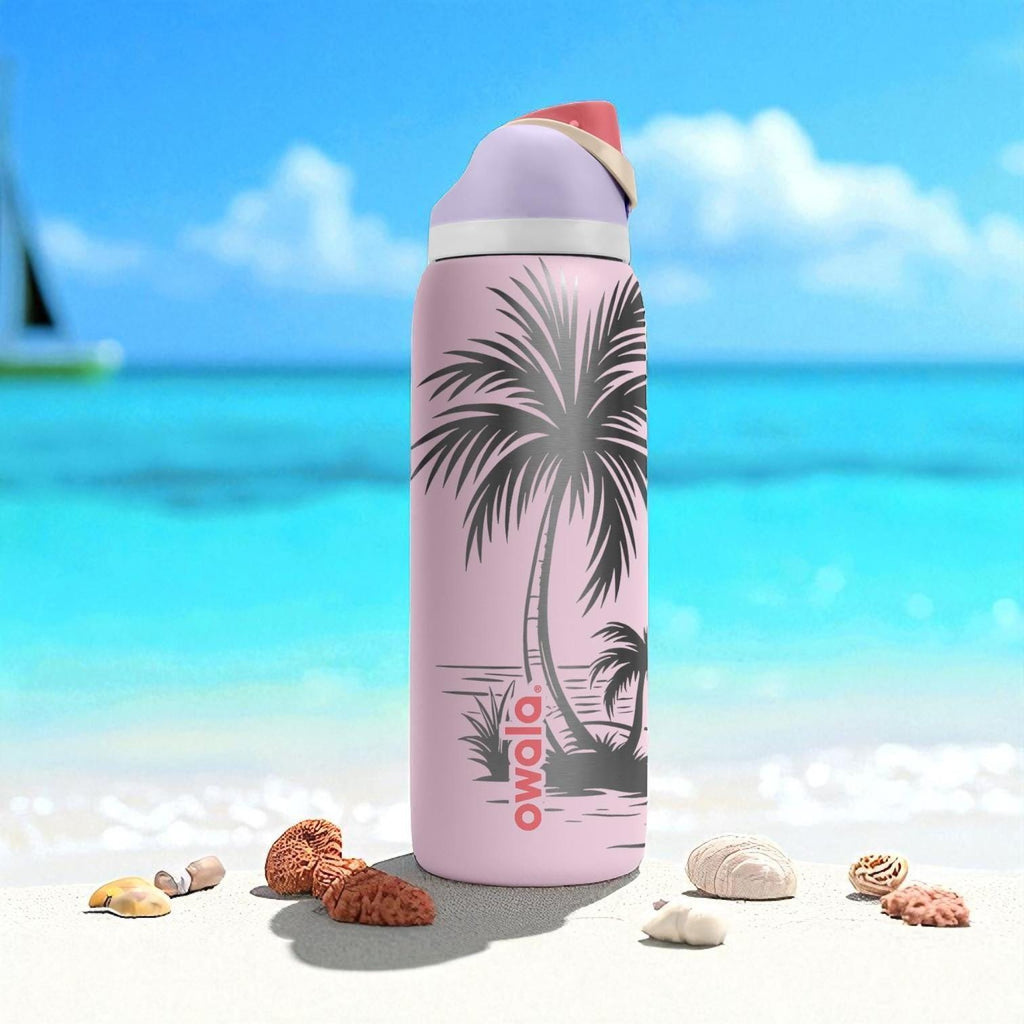 Engraved Flamingo Beach Owala Bottle – Tropical Sunset Palm Tree Tumbler – 16oz 24oz 32oz 40oz Summer Gift