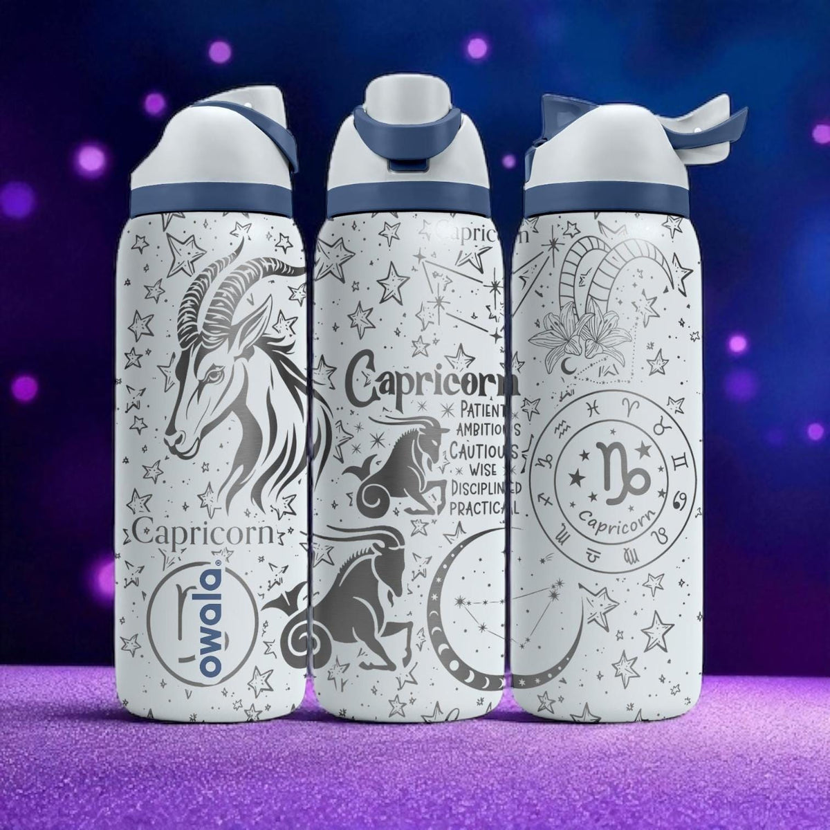 Capricorn Zodiac Owala Bottle – 16oz 24oz 32oz 40oz Engraved Earth Sign Gift – Mountain Goat Astrology Water Bottle for Her or Him