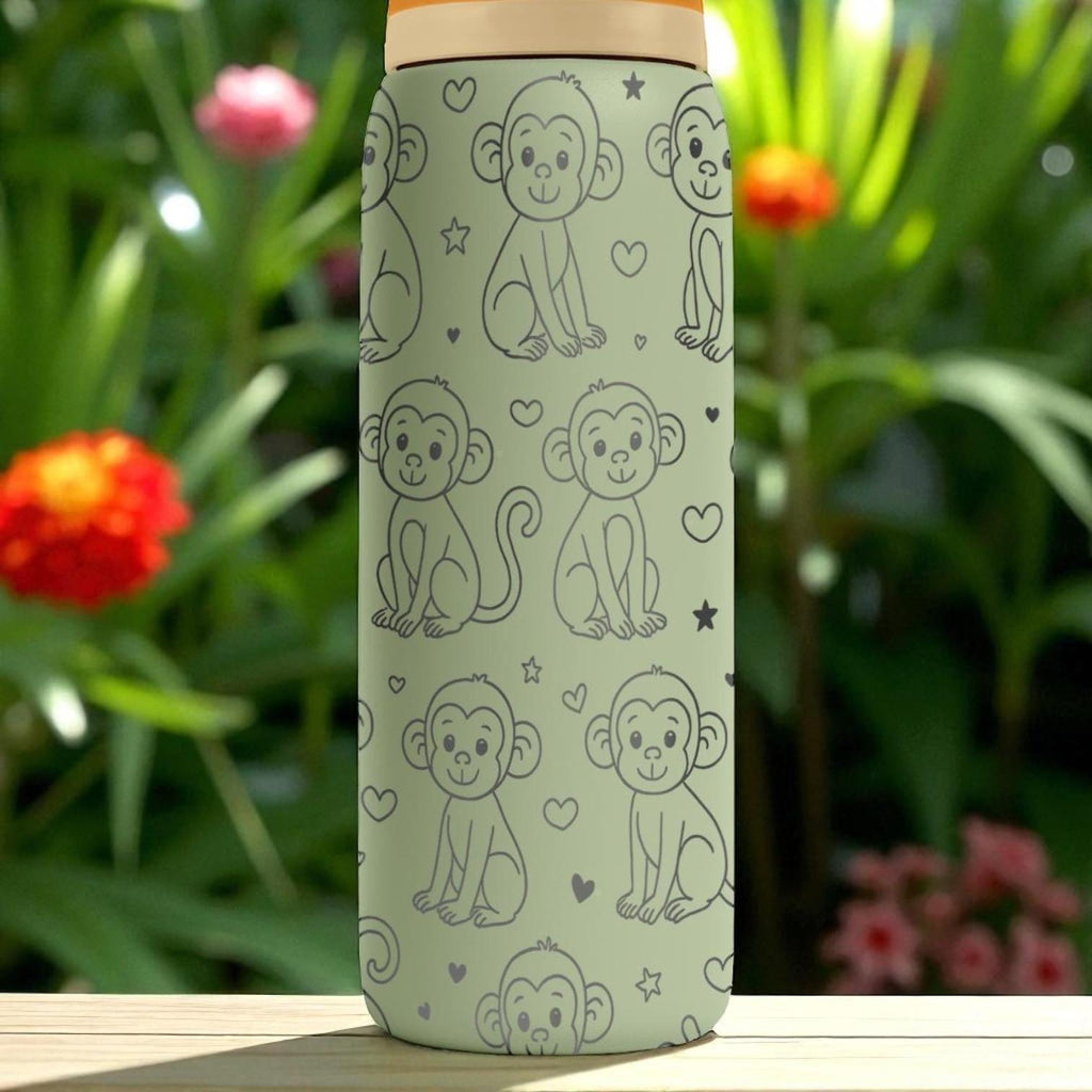 Engraved Monkey Water Bottle – Cute Owala Tumbler with Jungle Vibes and Hearts – 16oz 24oz 32oz 40oz Gift for Kids and Animal Lovers