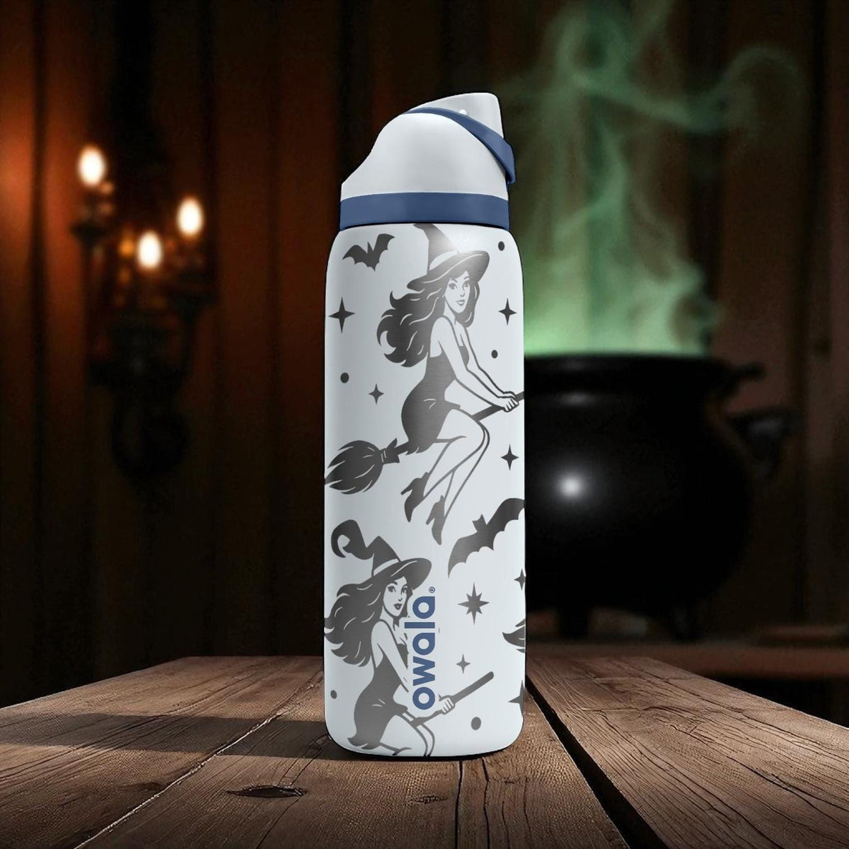 Halloween Witch Owala Bottle – Engraved Flying Witch and Bats Wrap – Stainless Steel Cup 16oz 24oz 32oz 40oz