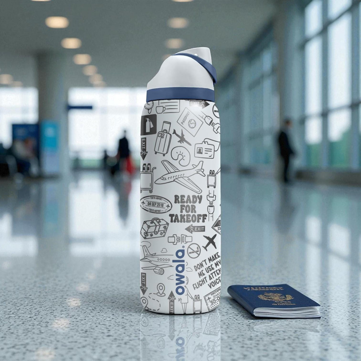 Flight Attendant Engraved Owala Bottle – Aviation Doodle Travel Pattern – Pilot Crew Gift Stainless Cup 16oz 24oz 32oz 40oz  ⸻