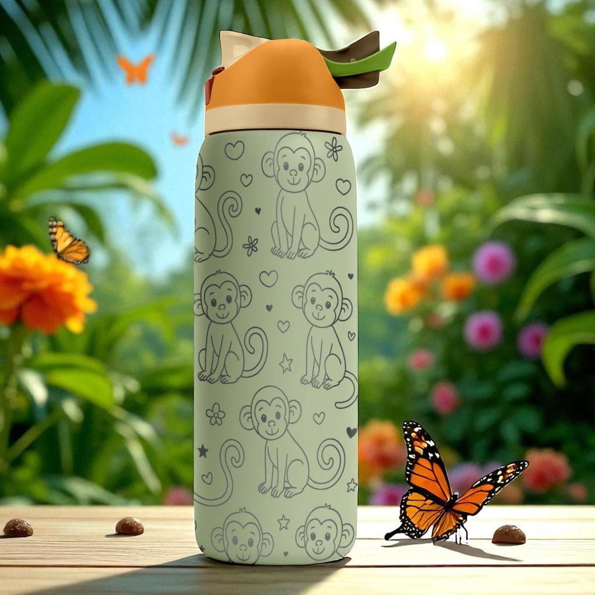 Engraved Monkey Water Bottle – Cute Owala Tumbler with Jungle Vibes and Hearts – 16oz 24oz 32oz 40oz Gift for Kids and Animal Lovers
