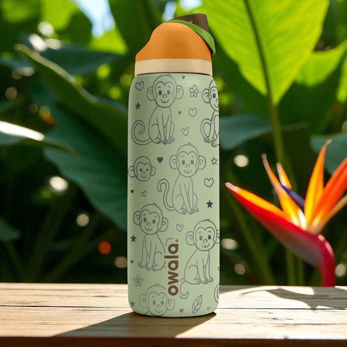 Engraved Monkey Water Bottle – Cute Owala Tumbler with Jungle Vibes and Hearts – 16oz 24oz 32oz 40oz Gift for Kids and Animal Lovers