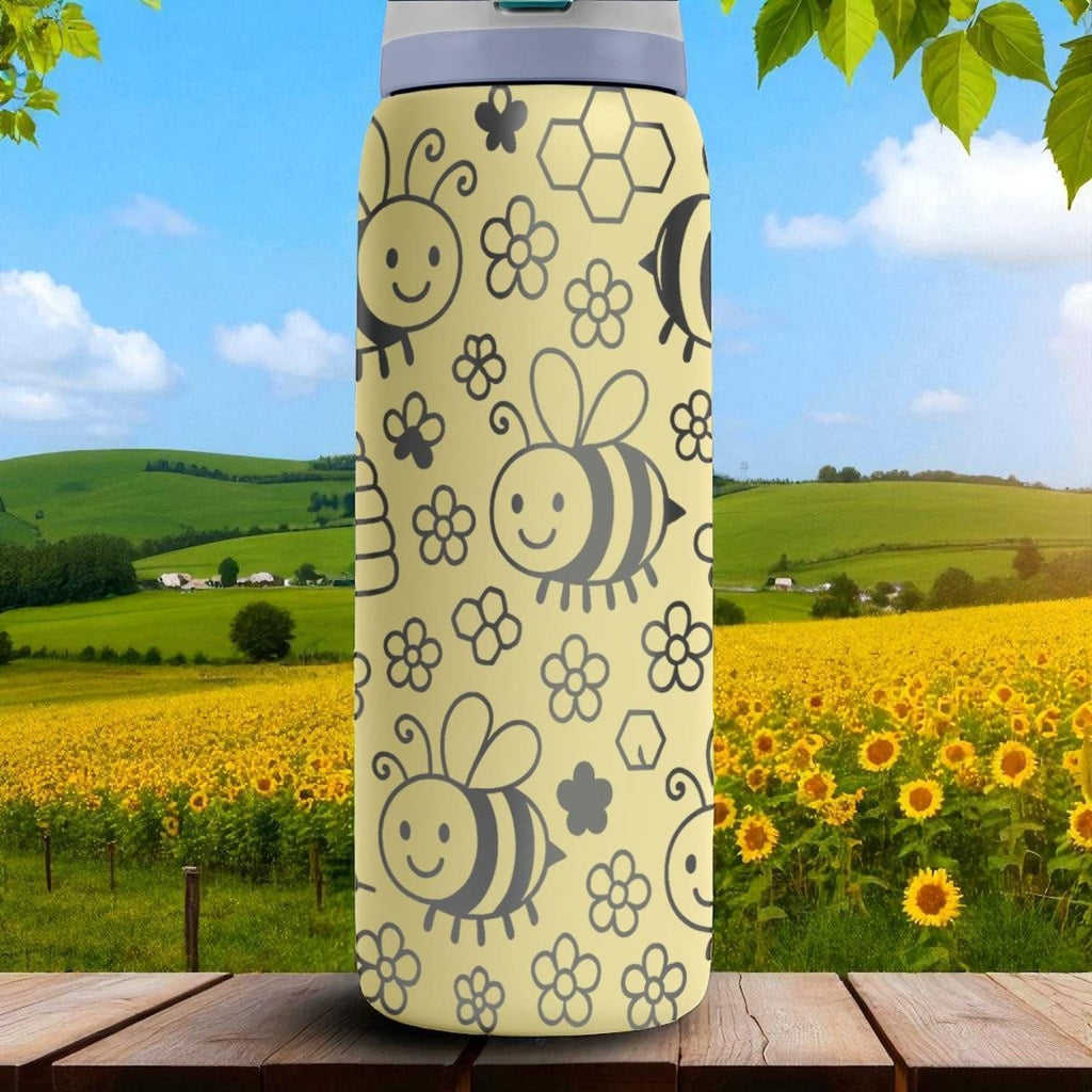 Cute Smiling Bee Owala Bottle – Engraved Yellow Honeybee and Hive Water Bottle – Adorable Gift for Kids and Bee Lovers 16oz 24oz 32oz 40oz