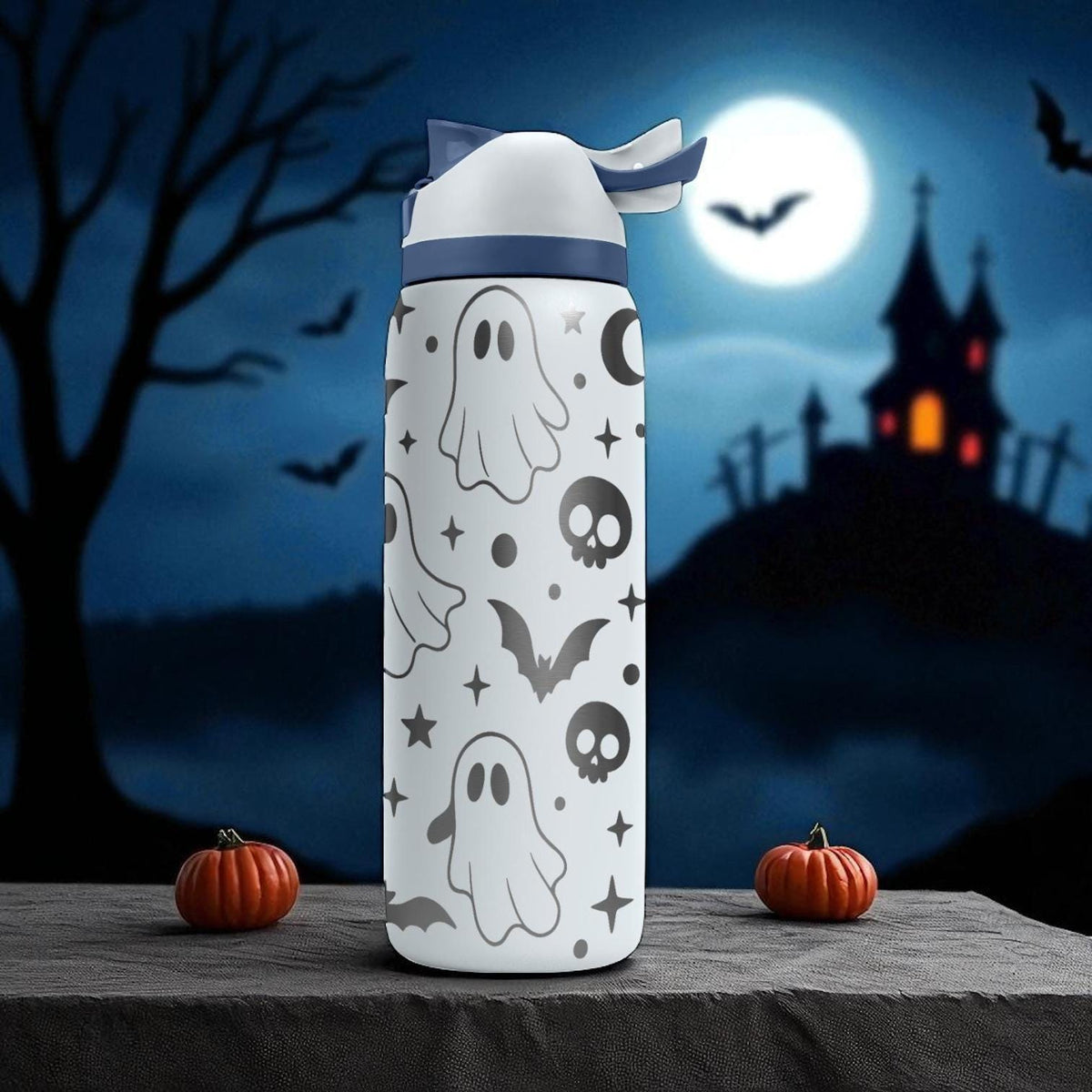 Ghost Owala Bottle – Engraved Halloween Wrap Design – Stainless Steel Cup 16oz 24oz 32oz 40oz