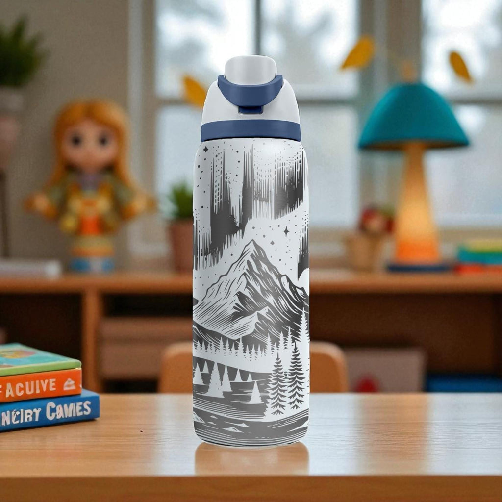 Northern Lights Owala Bottle – Engraved Mountain and Stars Wrap – Stainless Steel Cup 16oz 24oz 32oz 40oz