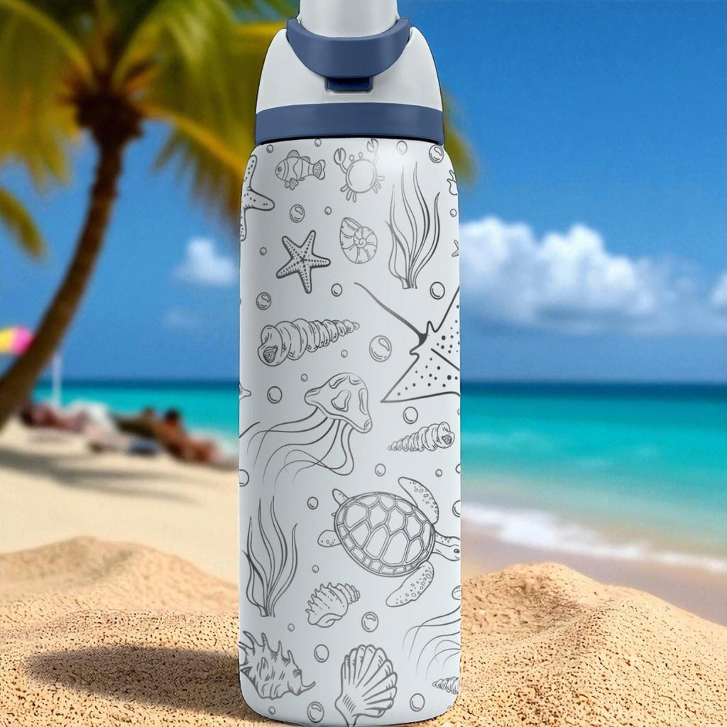 Ocean Creatures Engraved Owala Tumbler – Jellyfish, Turtle and Shells – Beach Gift Idea – 40oz 32oz 24oz Bottle