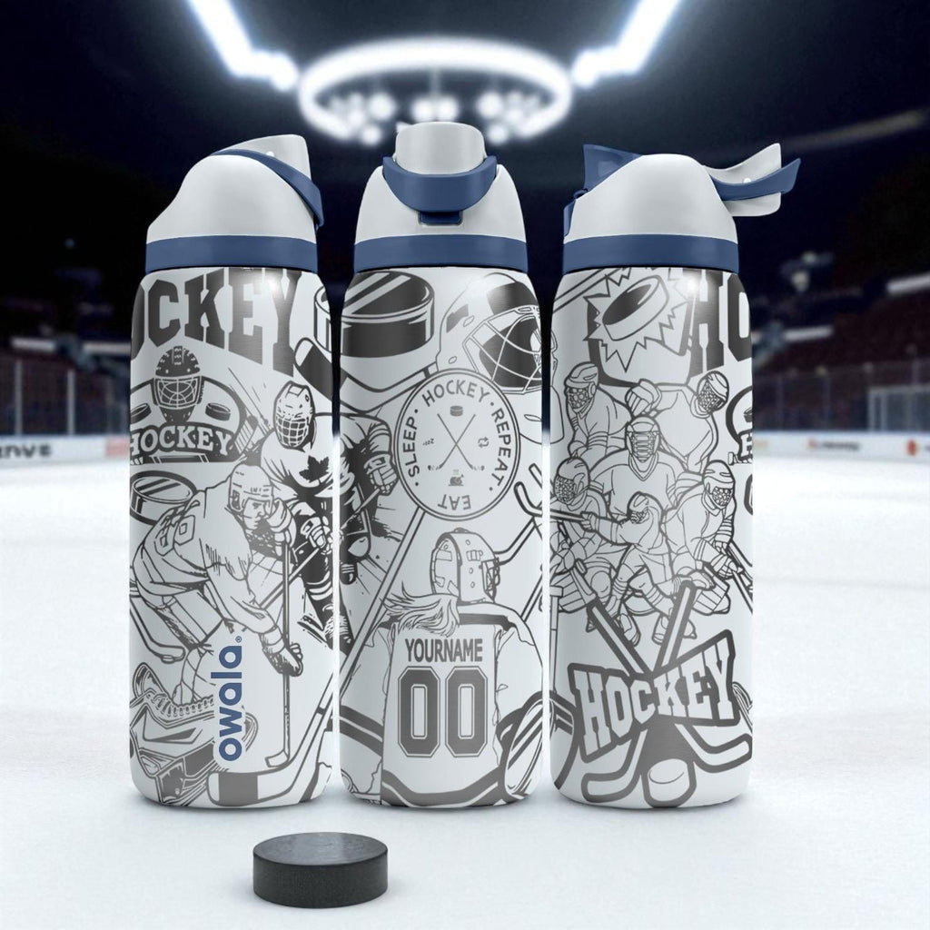 Hockey Engraved Owala Bottle – Personalized Player Wrap Design – Stainless Steel Sports Cup 16oz 24oz 32oz 40oz