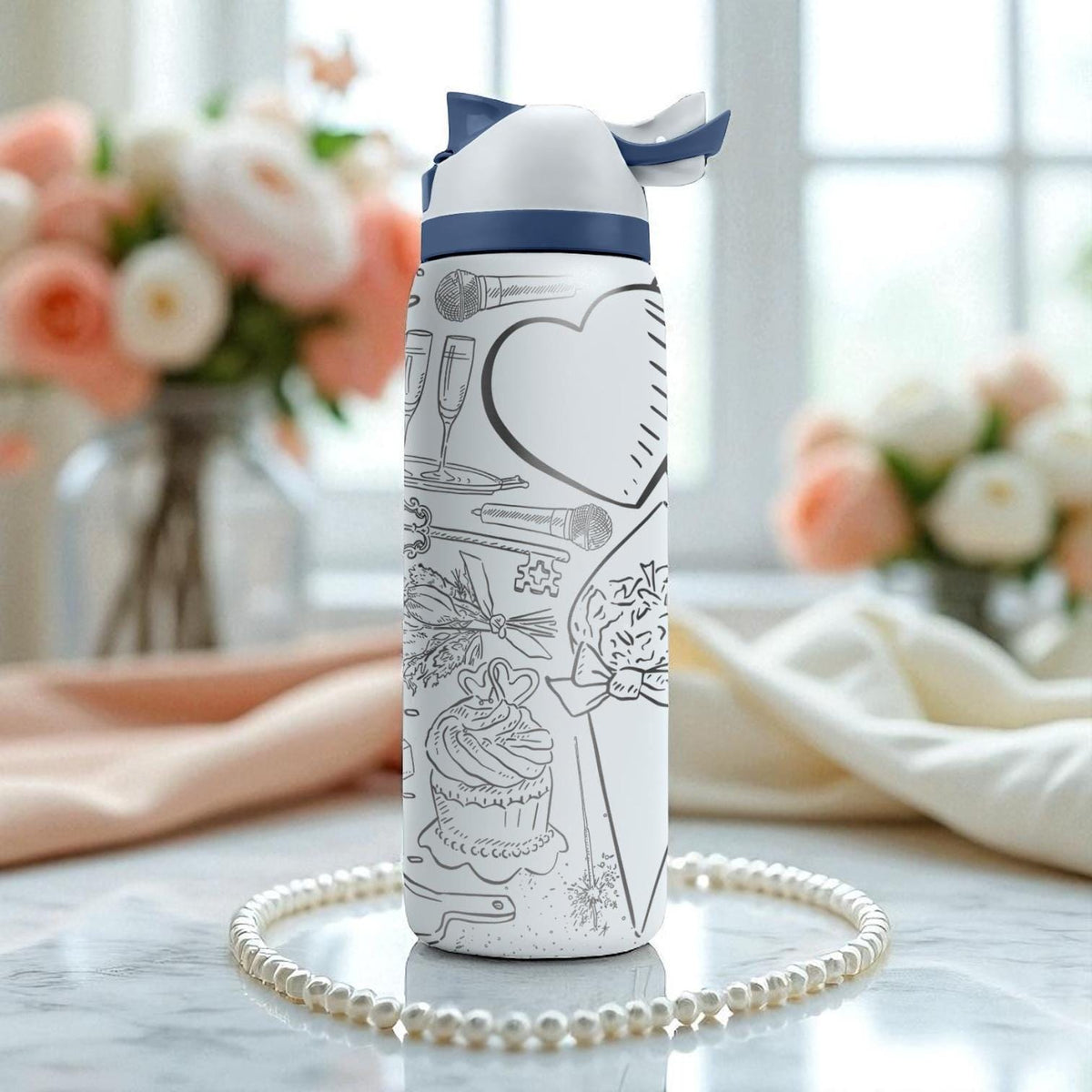 Wedding Theme Owala Bottle – 16oz 24oz 32oz 40oz Engraved Bride Gift – Rings Champagne Cake Cup – Romantic Engagement Drinkware