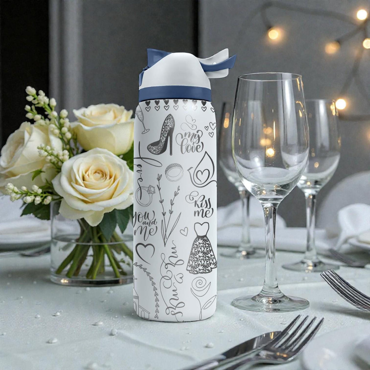 Wedding Engraved Owala Bottle – Bride and Groom Gift – Romantic Wedding Icons and Love Doodles – Stainless Steel Cup 16oz 24oz 32oz 40oz  ⸻