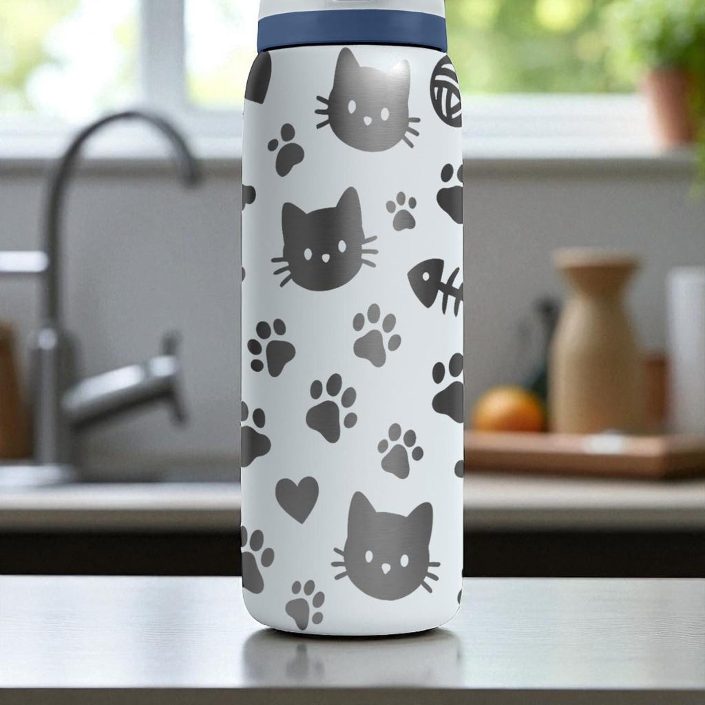 Cat Lover Owala Bottle – Engraved Cute Kitty and Paw Print Water Bottle – Gift for Pet Owners and Cat Moms 16oz 24oz 32oz 40oz